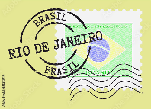 Postal stamp symbols 'Rio de Janeiro - Brazil'. Brazilian flag (engraved, woodcut effect). 