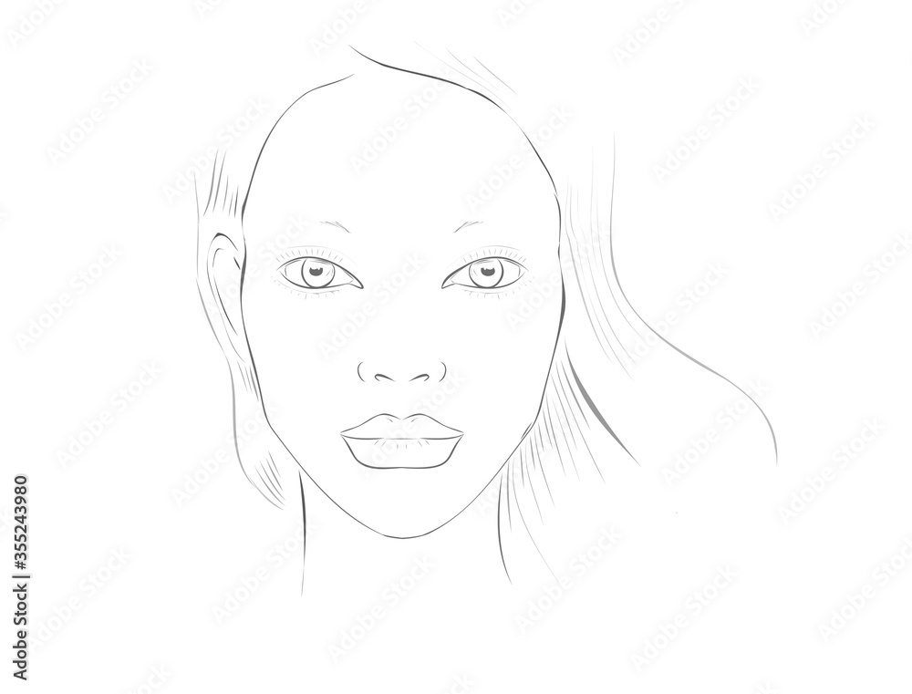 Face chart Blank. Makeup Artist Vector template. Female face. Outline woman portrait for makeup tutorial, beauty school, . Young girl model. Face chart Blank. Makeup Artist Vector template. Female face. Outline woman portrait for makeup tutorial, beauty school, . Young girl model.