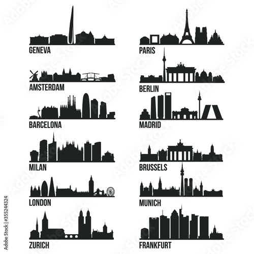 Business Europe Cities Most Famous Skyline City Silhouette Design Collection Set Pack