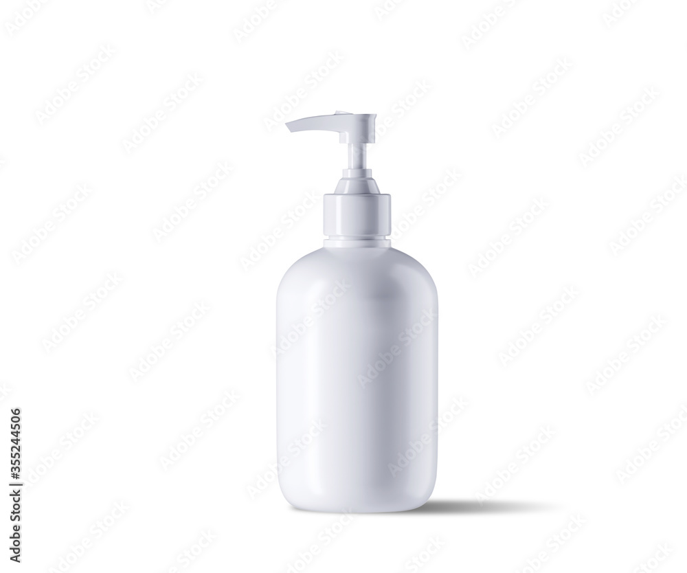 White cosmetic pump bottle isolated on white background. 3d rendering illustration. Clipping path included. White cosmetic pump bottle isolated on white background. 3d rendering illustration. Clipping path included.