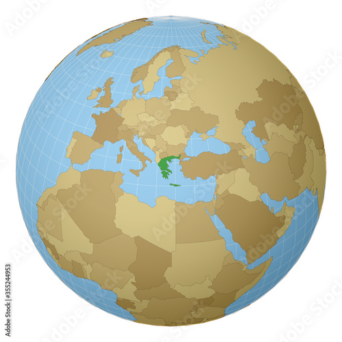 Globe centered to Greece. Country highlighted with green color on world map. Satellite projection view. Vector illustration.
