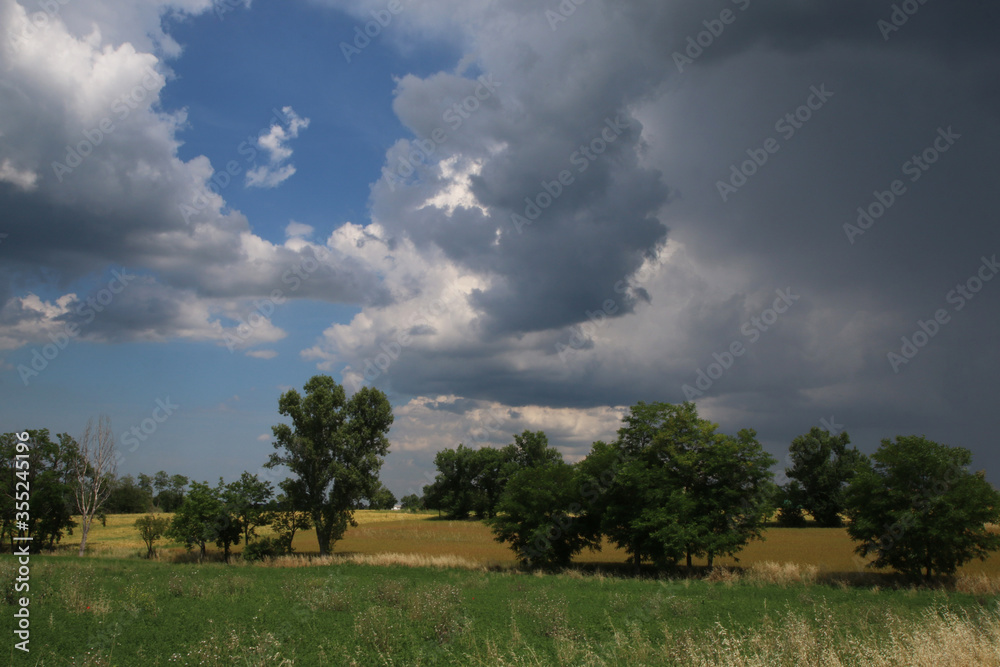 Si prepara un temporale estivo; cielo carico di nuvole e pioggia sulla campagna circostante