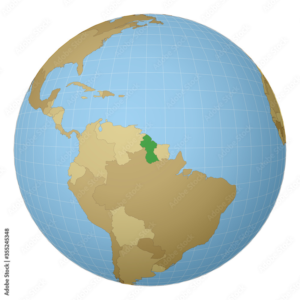 Globe centered to Guyana. Country highlighted with green color on world