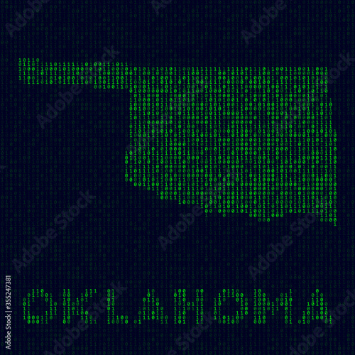 Digital Oklahoma logo. US state symbol in hacker style. Binary code map of Oklahoma with US state name. Neat vector illustration.