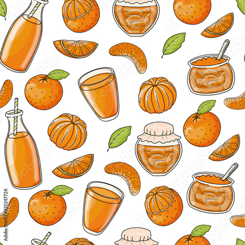 Vector hand drawn seamless pattern with oranges, leaves, jam jars and juice. Graphic texture for package, wrapping paper, card, label, fabric, poster, menu, cafe, restaurant, advertising, wallpaper.