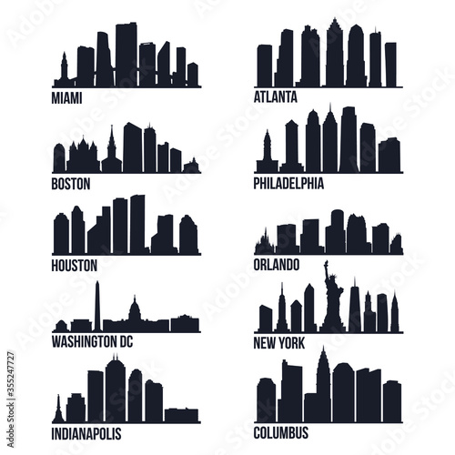 East Coast USA Most Famous Skyline City Silhouette Design Collection Set Pack