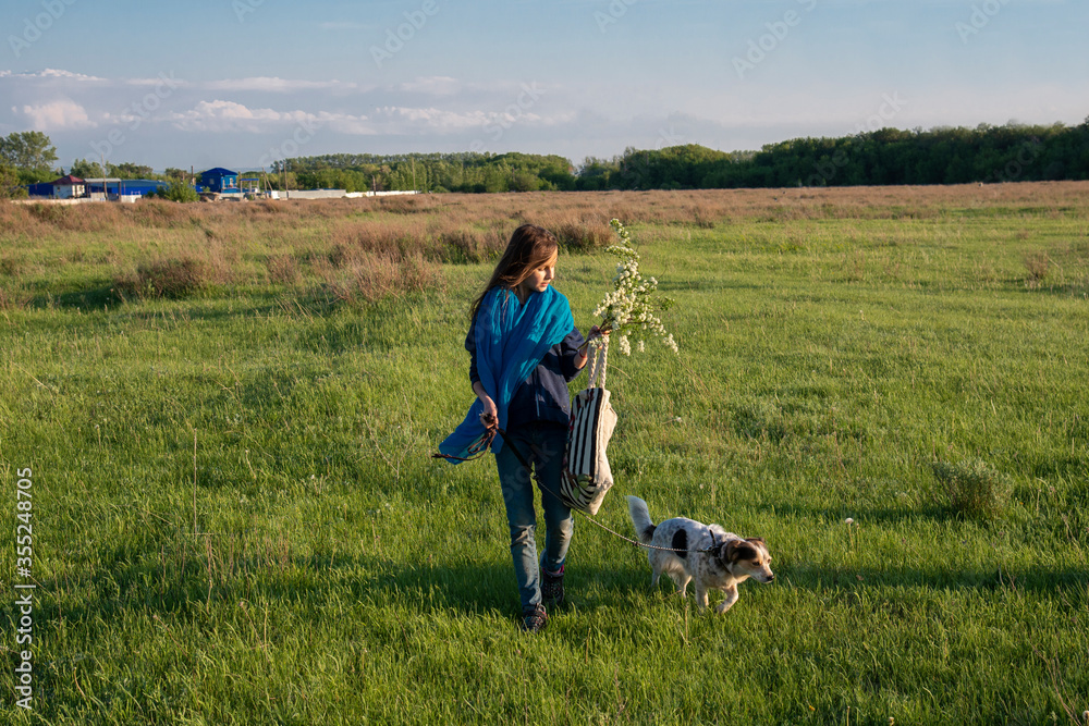 Girl with a dog walks in a green field.