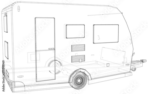 Camper Trailer Isolated. 3D rendering. Wire-frame. The layers of visible and invisible lines are separated. EPS10 format.