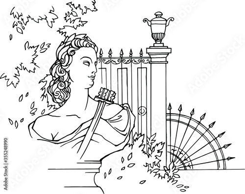 Vector hand drawn linear black and white sketch of one place of Letniy sad (Summer garden ) in Saint-Petrersburg, Russia. Trees and sculpture bust of ancient  woman. photo