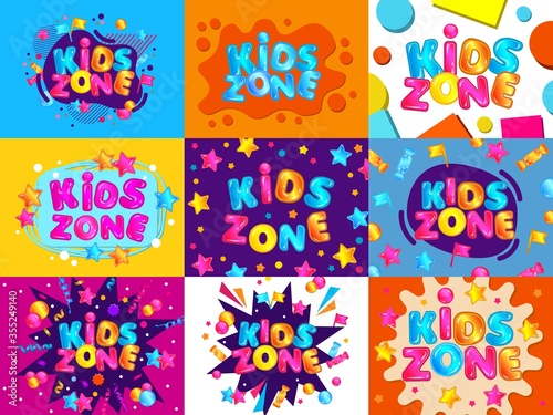 Kids zone colorful banner card set. Cartoon letter text for children play room in activity park or entertainment playground