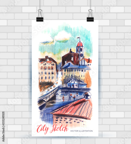 Sketching illustration in vector format. Poster with beautiful landscape and urban elements. Hand drawn illustration. photo