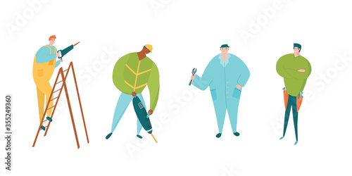Handyman characters set. Drilling on a ladder, using jackhammer, mechanic with wrench, standing with a toolbelt.