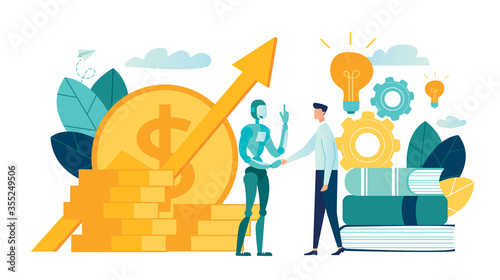 vector illustration on white background. business porters are a successful team. The investor keeps money in ideas. financing creative projects. handshake for robot and men