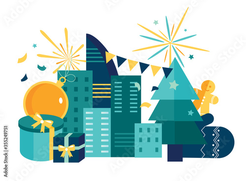 Vector illustration, preparation for the new year in the city, festive atmosphere decoration and fireworks, the main tree