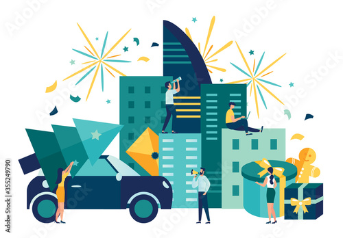Vector illustration, preparation for the new year in the city, festive decoration of the atmosphere and fireworks, the main tree