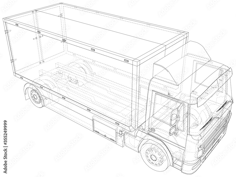 Vector Wire-frame isolated Commercial van truck on background. Vector rendering of 3d. - obrazy, fototapety, plakaty 