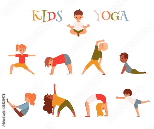 Set of cartoon kids in yoga poses, small children doing fitness exercise, stretching, meditating and training