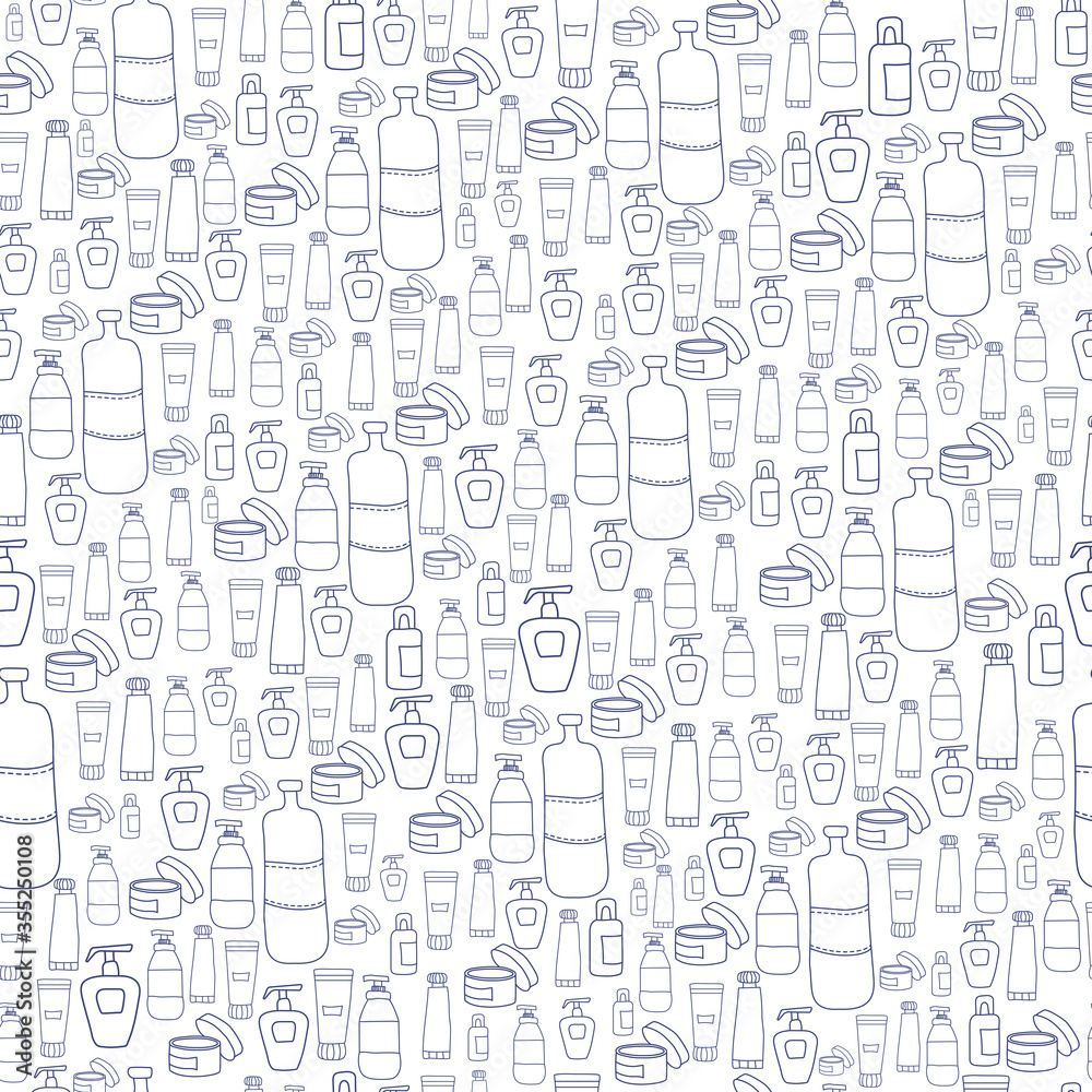 Seamless pattern of beauty and cosmetic icons. Creams and bottles. Vector outline illustration. Women set, packaging, design and decoration, printing, wallpaper