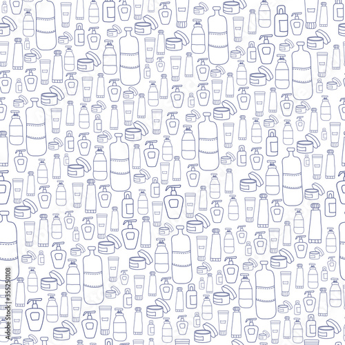 Seamless pattern of beauty and cosmetic icons. Creams and bottles. Vector outline illustration. Women set  packaging  design and decoration  printing  wallpaper
