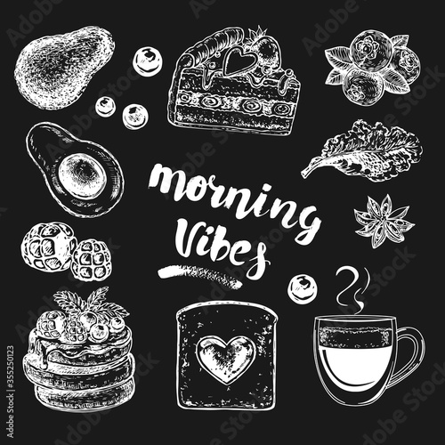 Vector sketch illustration with breakfast. Milk, poached eggs, pancakes, avocado on a black background. Delicious homemade food