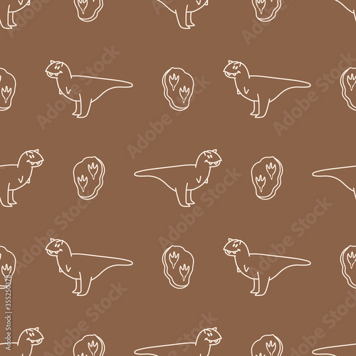 Seamless background Carnotaurus dinosaur with fossil gender neutral baby pattern. Simple whimsical minimal earthy 2 tone color. Kids nursery wallpaper or boho cartoon animal fashion all over print.