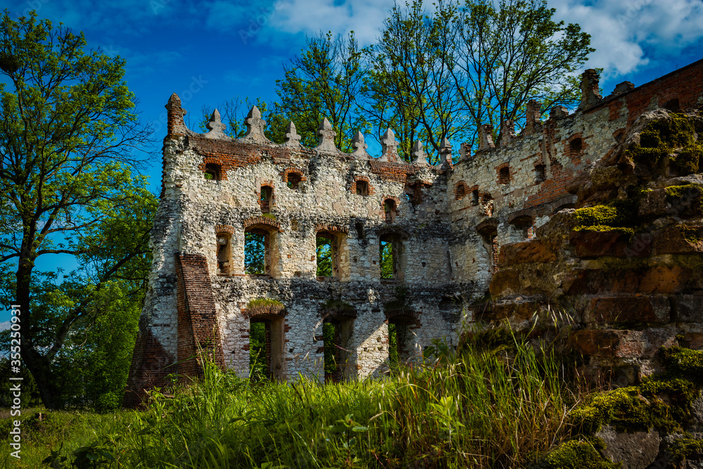 Castle ruins from the inside, side wall left. Krupe town in Poland.