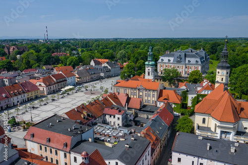 Pszczyna Aerial View. Main market square in historical european city. Colorful old buildings and clear blue sky. Pszczyna, Upper Silesia, Poland.