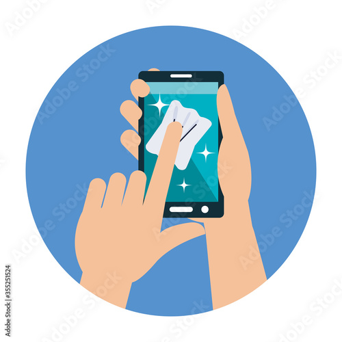 Hands cleaning smartphone with tissue vector design