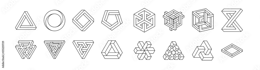 Set of impossible shapes. Optical Illusion. Vector Illustration isolated on white. Sacred geometry. Black lines on a white background.