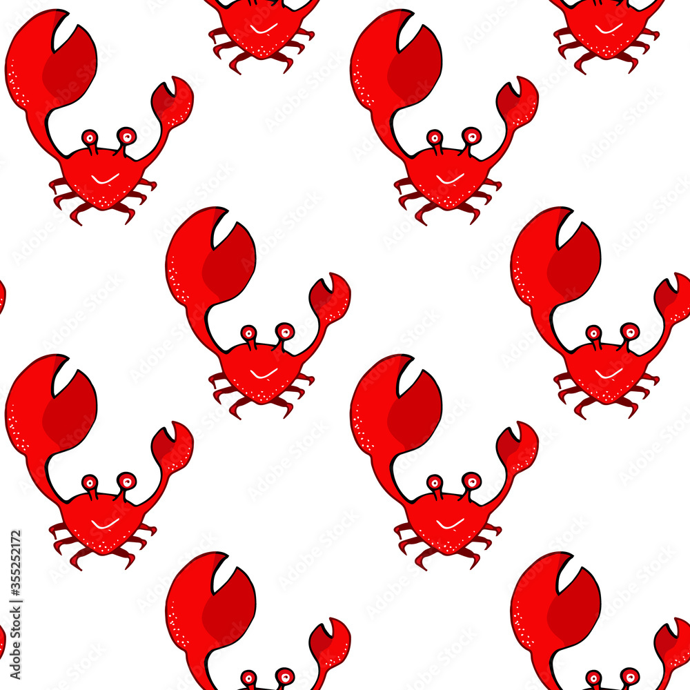 Red crab seamless pattern on white background. cartoon style, vector ...