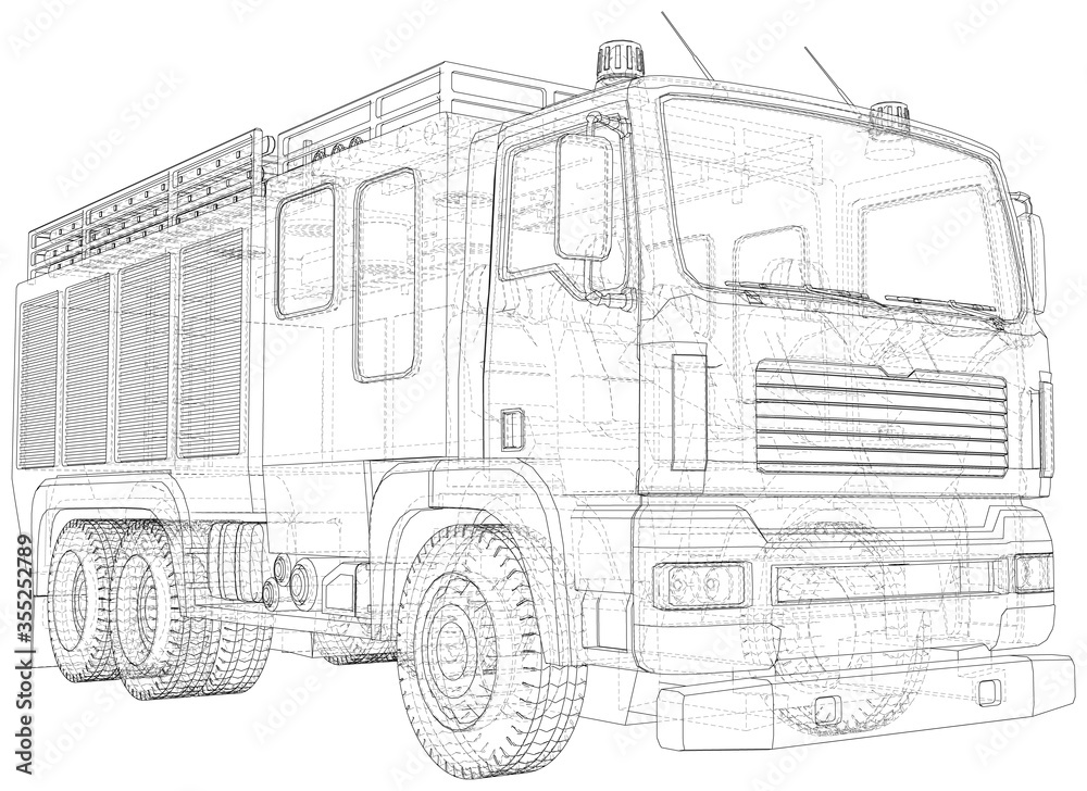 Wire-frame Fire truck. Fire Engine Vector Illustration of car. The layers of visible and invisible lines are separated. EPS10 format.