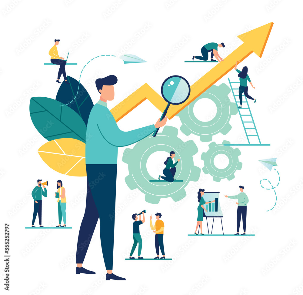 vector illustration a group of people characters are thinking over an idea. prepare a business project start up. rise of the career to success, flat color icons, business analysis 