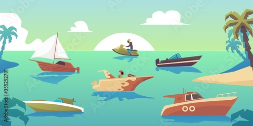 Motorboats and ships in tropical sea landscape - different water transport