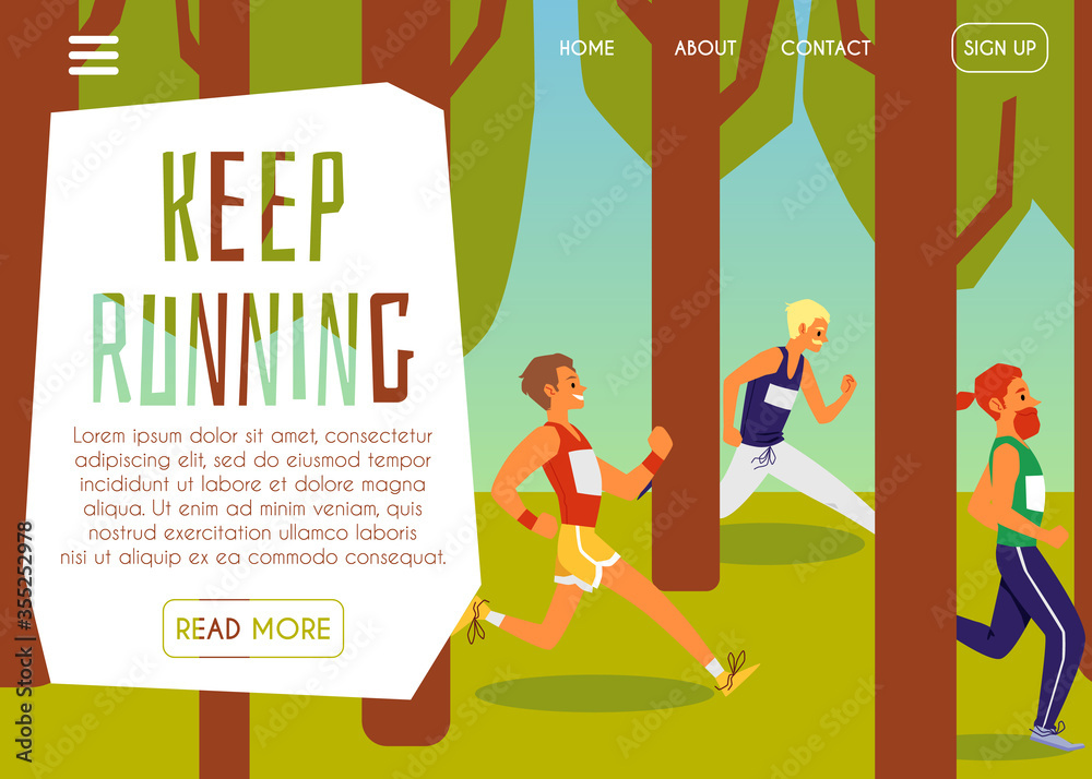 Keep running sport fitness banner with people in park, flat vector illustration.