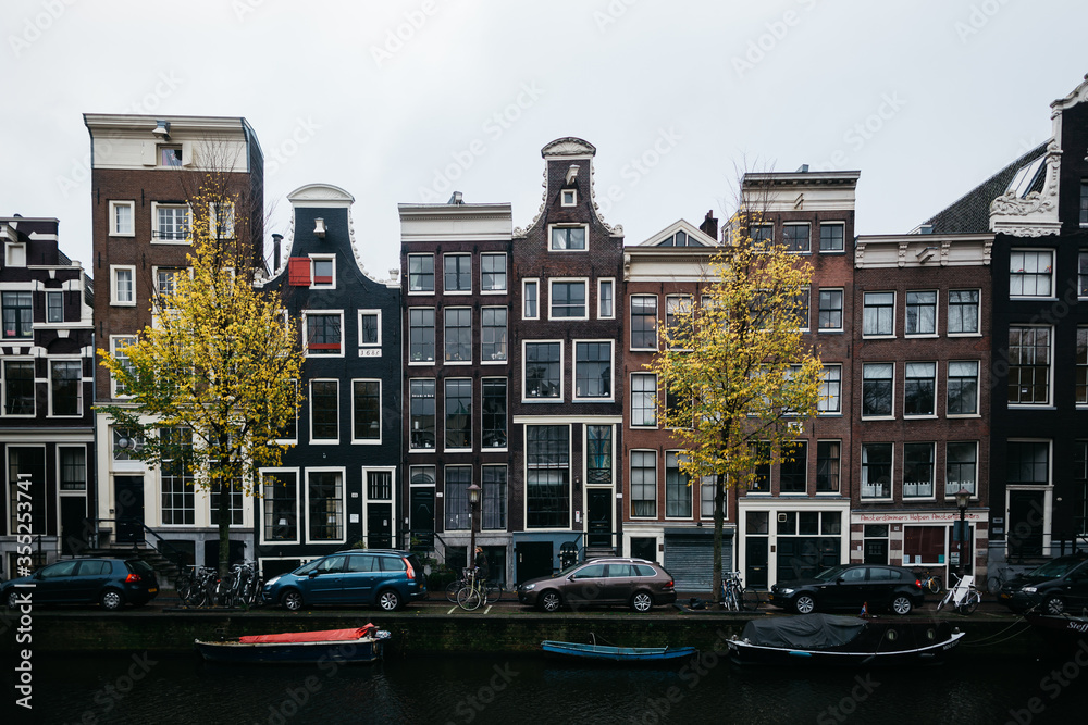 Beautiful houses in Amsterdam. Two green trees, a car, bicycles and a water channel in the Netherlands. 