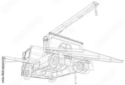 Tow truck vector. Towing car trucking vehicle transportation towage. Help on road. Wire-frame. The layers of visible and invisible lines are separated. EPS10 format.