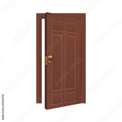 Template of wooden door slightly open, realistic vector illustration isolated.