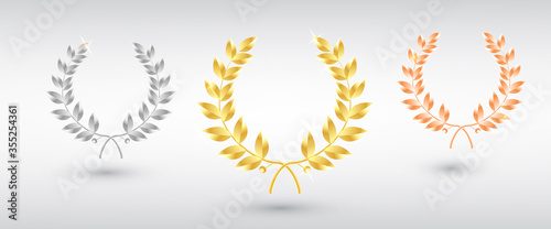 Award laurel set - first, second and third place. Winner template. Symbol of victory and achievement. Gold laurel wreath. Realistic vector object isolated