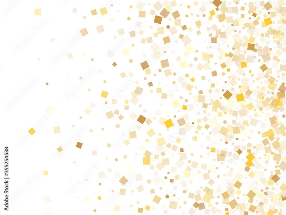 Minimal gold square confetti tinsels flying on white. Chic Christmas vector sequins background. Gold foil confetti party decoration pattern. Many sparkles party background.