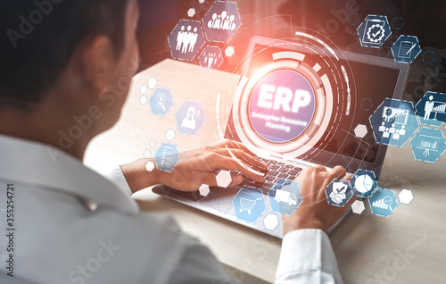 Enterprise Resource Management ERP software system for business resources plan presented in modern graphic interface showing future technology to manage company enterprise resource. photo