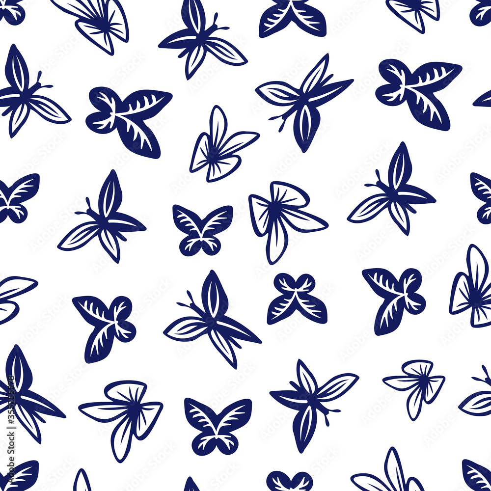 Seamless vector pattern decorative design of cute blue butterflies on white background. The design is perfect for textiles, wallpapers, wrapping paper, surfaces, advertisements, backgrounds. 