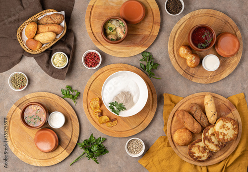Canvas Print Assortment of Russian hot soups: fish soup, borsch, mushroom soup, solyanka, pies, bread