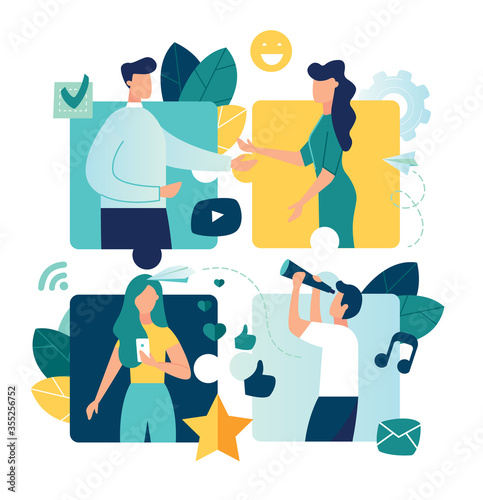 Business concept. Team metaphor. people connecting puzzle elements. Vector illustration flat design style. Symbol of teamwork, cooperation, partnership.