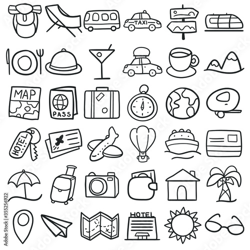 Travel Summer Icons. Traditional Doodle Drawn Sketch. Hand Made Design Vector.  