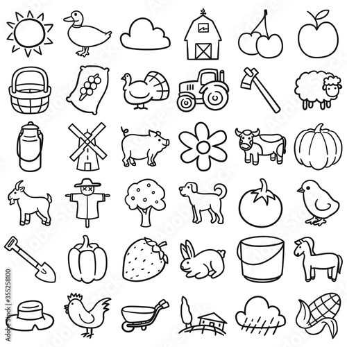 Farm icons doodle set. Animals, objects and fruits illustration. Line art agriculture and farming  hand drawn.