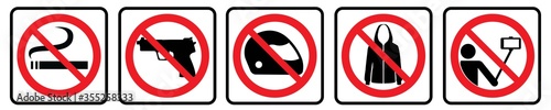 Prohibition Sign collection. No Smoking, No Weapon, No helmet, No Jacket, No Selfie icons in white background drawing by illustration