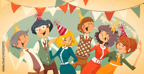 Cheerful corporate party. A good company cheerful people, hugs and songs in chorus. In the center a woman with a glass.