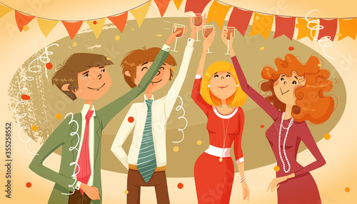 Cheerful corporate party. Champagne, raising glasses.