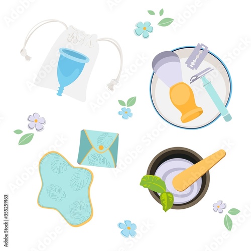 Vector Set Eco-Friendly Bathroom Products, Intimate hygiene. Environmentally Friendly Home. Menstrual cup, reusable panty liners and razor.