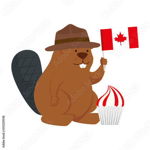Canadian beaver with hat and flag of happy canada day vector design